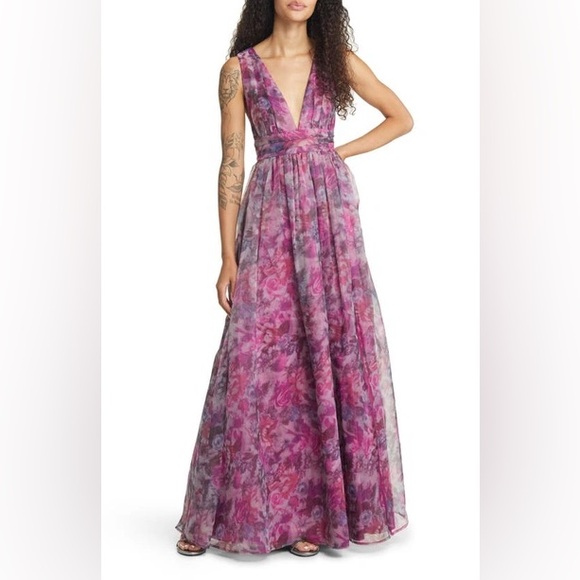Lulu's Garden Romance Magenta Floral Print Organza Maxi Dress V Neck Size M - Picture 1 of 12